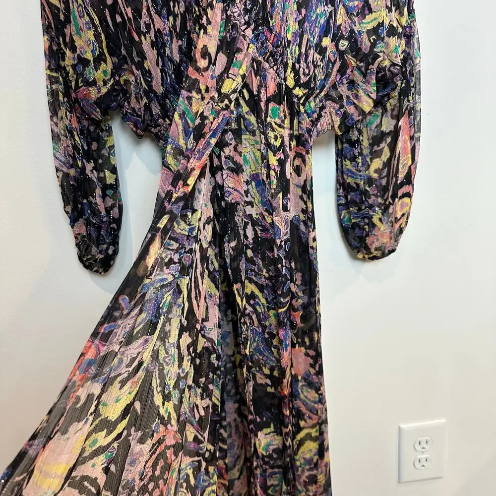 IRO Paris Ramona Dress Ruffle Trimmed Metallic Printed Chiffon Midi 40 - Picture 7 of 11